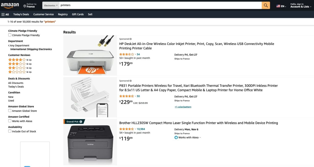 Liste der Drucker bei Amazon