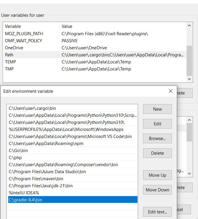 Tangkapan layar yang mengilustrasikan proses penambahan direktori bin dari folder Gradle yang diekstrak ke variabel lingkungan PATH sistem