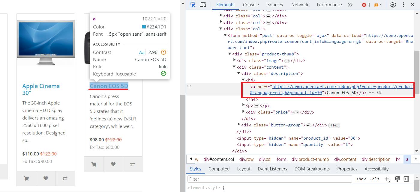Gambar yang mengilustrasikan proses menemukan pemilih CSS untuk judul dan tautan menggunakan DevTools.