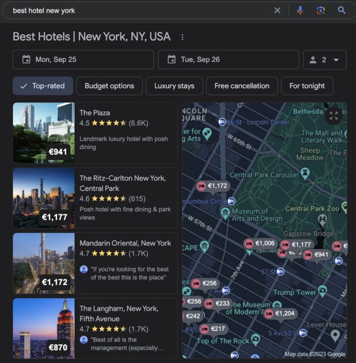 Hasil pencarian untuk kueri “Hotel Terbaik New York”.