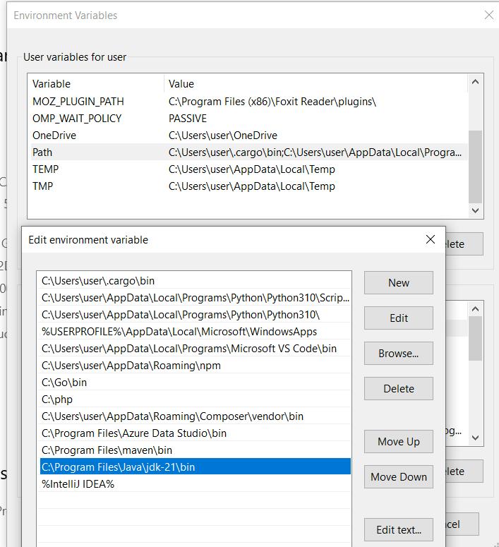 Tangkapan layar menunjukkan proses menambahkan direktori bin dari folder Maven yang diekstrak ke variabel lingkungan PATH sistem.