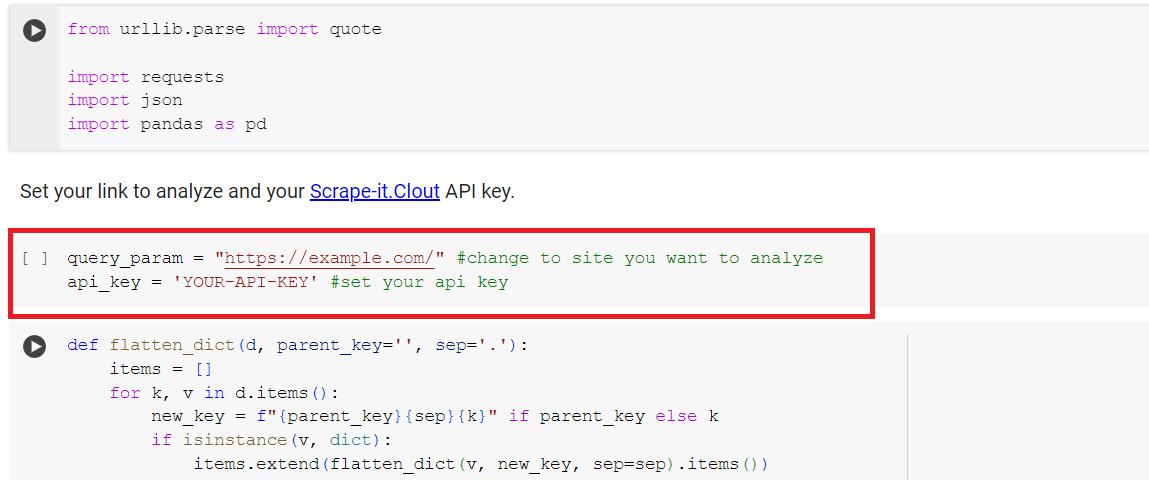 Ein Screenshot eines Code-Editors, der ein Python-Skript zeigt, das Daten aus Majestic extrahiert.  Das Skript ist in der Google Colab-Umgebung geschrieben und verwendet die Scrape-It.Cloud-API für den Zugriff auf die Website.