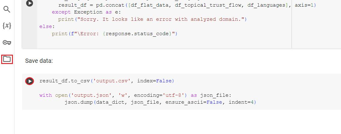 Setelah mengambil data dari Majestic menggunakan Web Scraping API, Anda akan menerima dua file, JSON dan CSV, dengan semua data yang diambil. File-file ini dapat ditemukan di folder proyek.