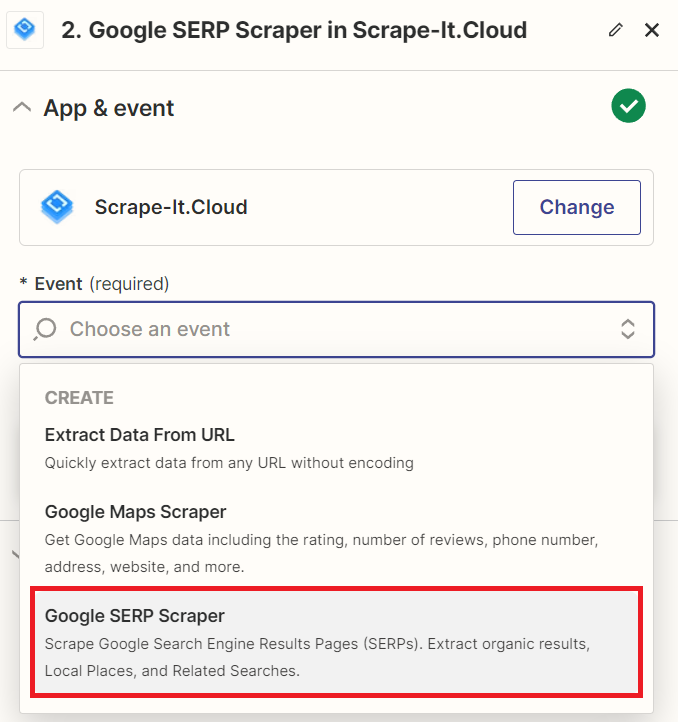 Erstellen Sie eine neue Aktion Scrape-It.Cloud mit dem Google SERP Scraper-Ereignis