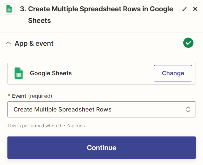 Fügen Sie eine neue Google Sheets-Aktion mit dem Ereignis „Mehrere Tabellenzeilen erstellen“ hinzu