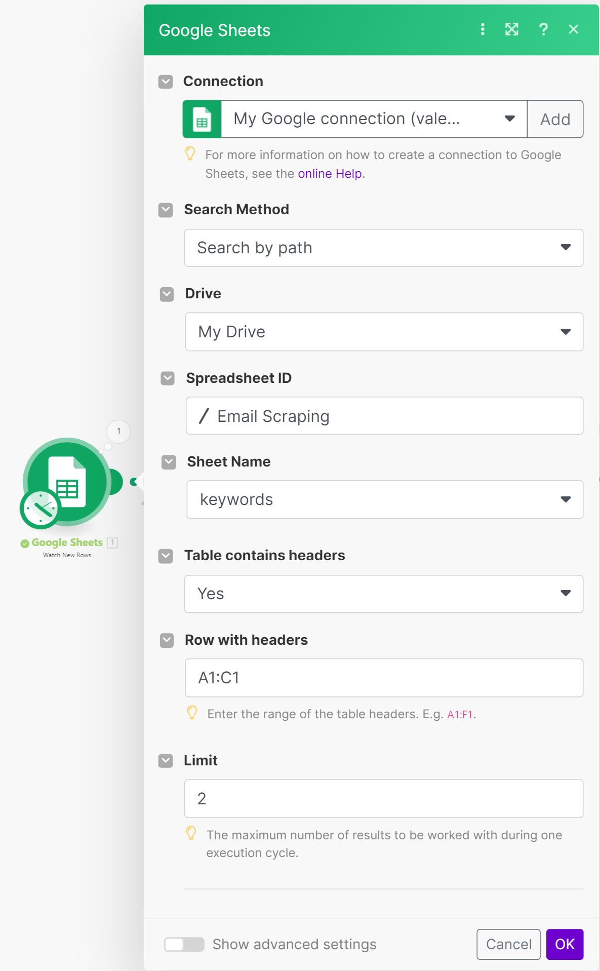 Pilih tindakan baru dan temukan integrasi dan metode Google Spreadsheet untuk mencari baris baru