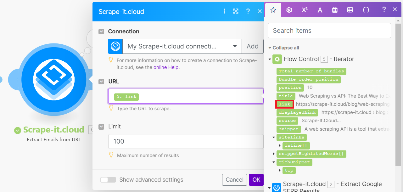 Verwenden Sie die Make.com Scrape-It.Cloud-Methode, um eine Liste von E-Mail-Adressen von einer Website-URL abzurufen.