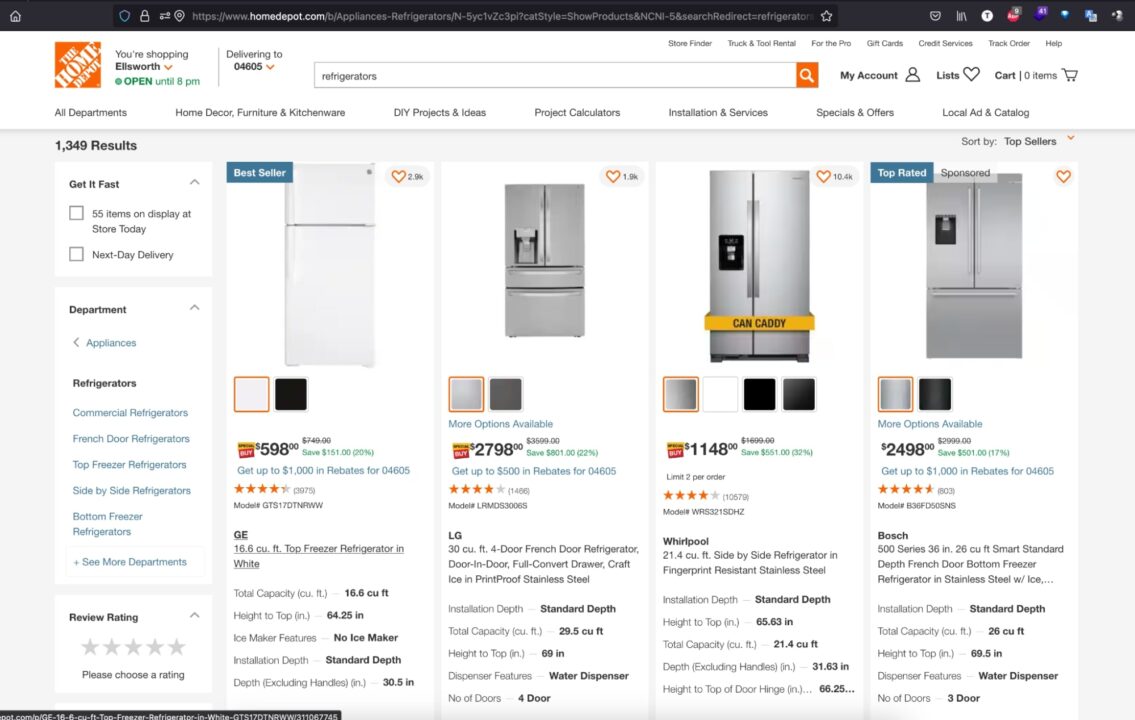 Kühlschränke-Suchseite von Home Depot