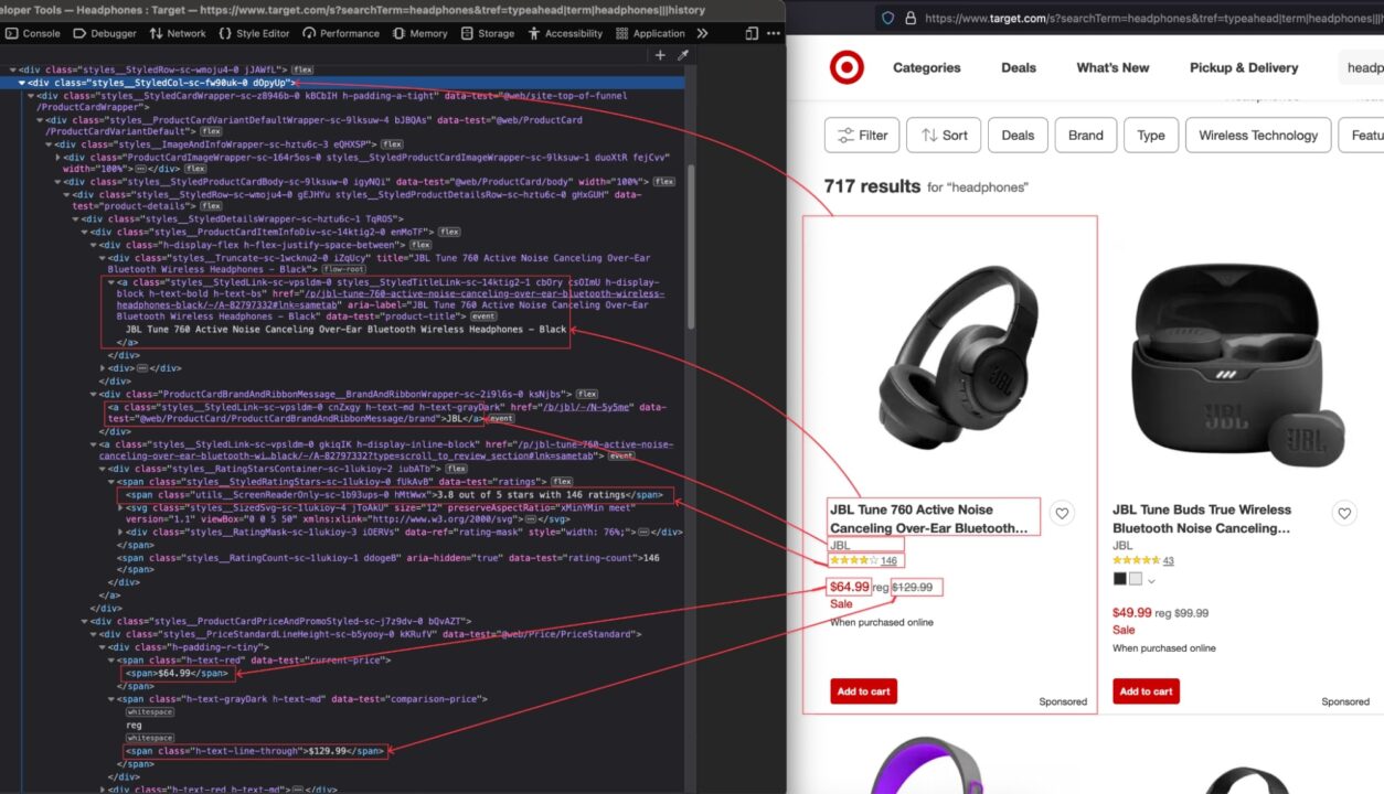 Menampilkan pilihan DOM Target dengan contoh produk headphone