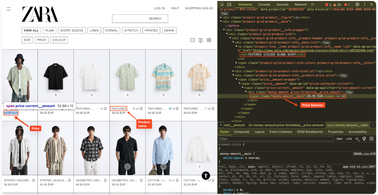 Überprüfung des Produktnamens und Preises von Zara in HTML