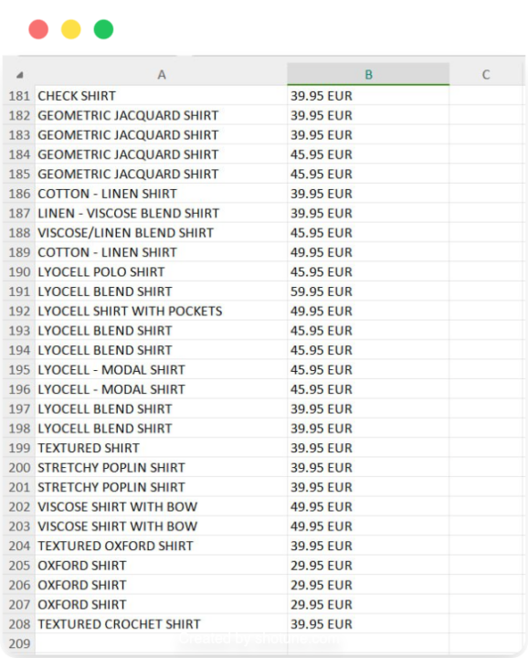 File CSV dengan nama produk dan harga