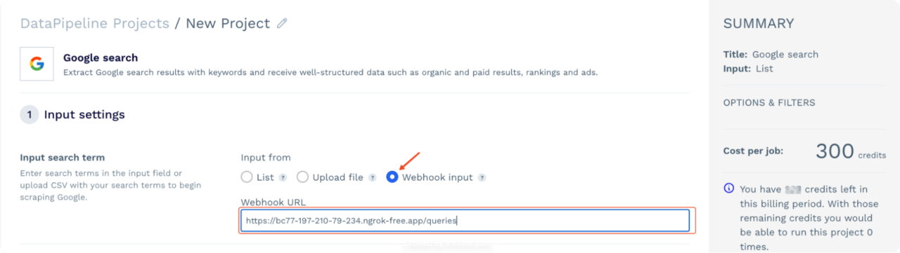 Memasukkan istilah pencarian di DataPipeline