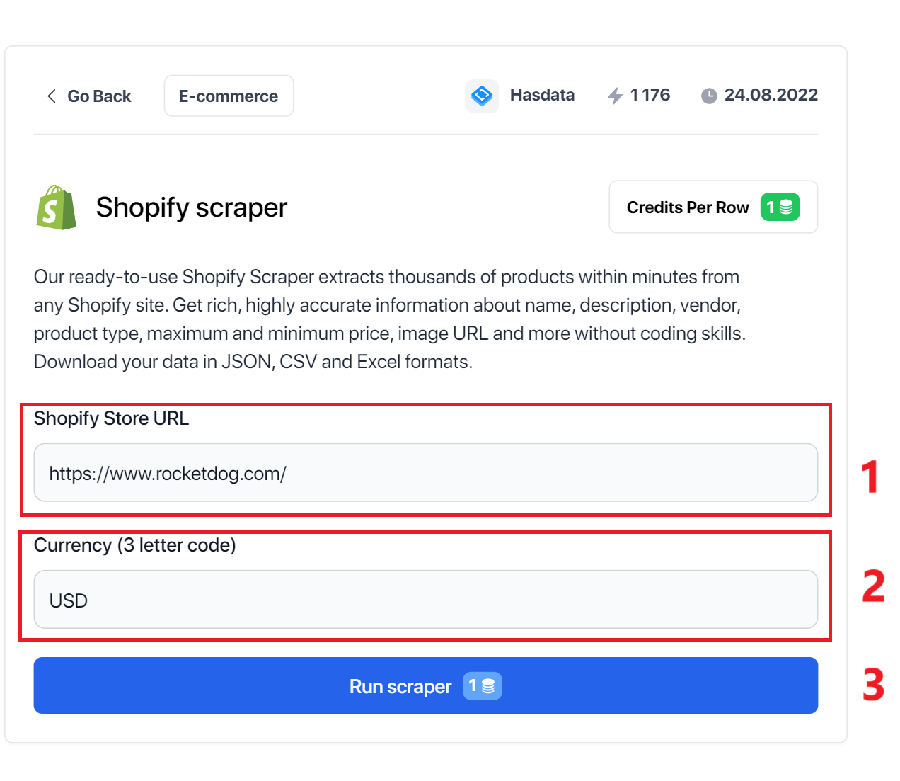 Masukkan tautan toko Shopify dan mata uang