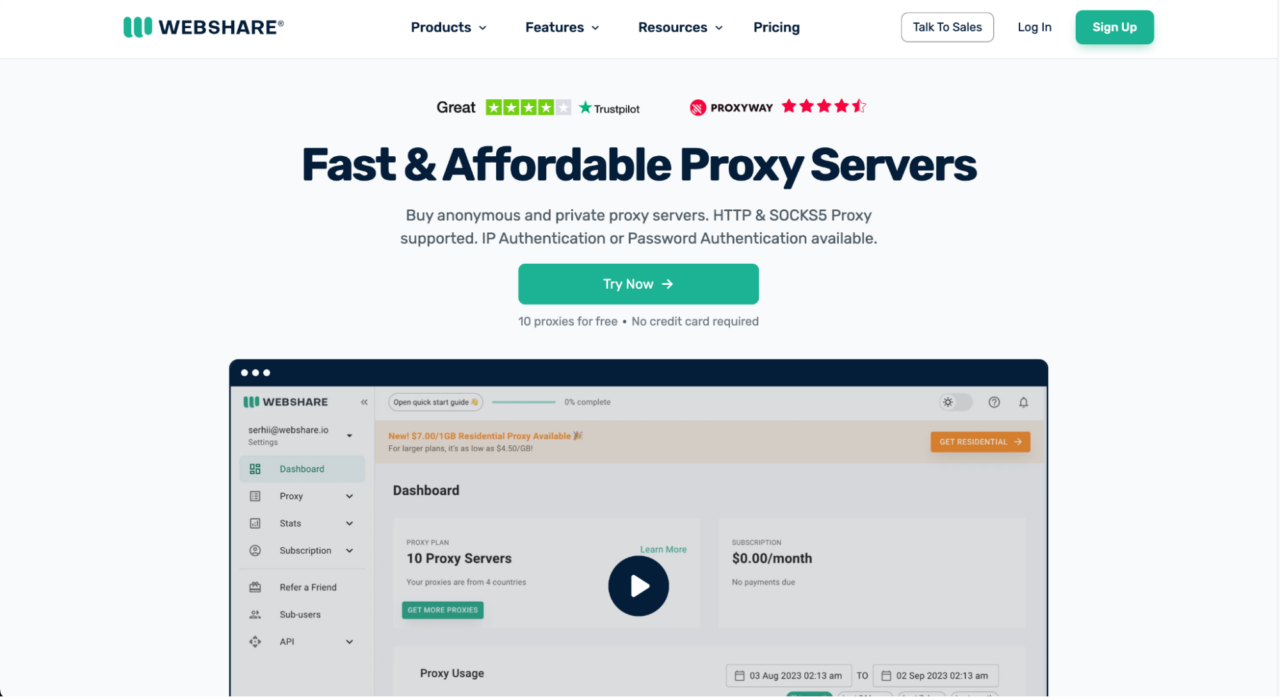 Webshare-Proxy-Dashboardseite