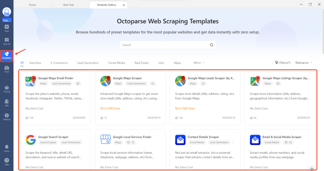 Di Octoparse, klik tab Templat.