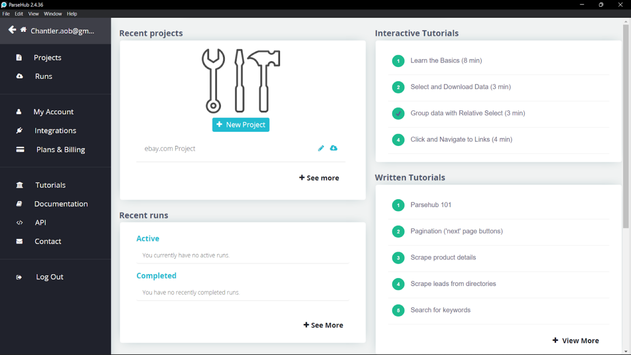 Menampilkan dasbor utama ParseHub 