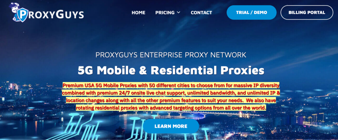 Halaman dasbor proxy Proxy Guys