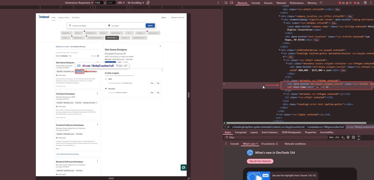 In der Tat Jobsuche mit Entwicklerrollen und Chrome Devtools offen