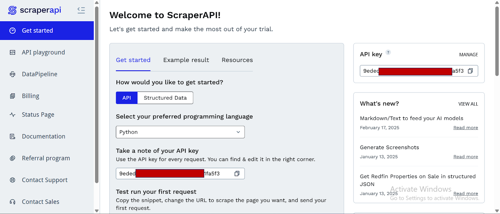 Scraperapi Dashboard mit API -Taste, Zugriff auf 5000 API -Credits