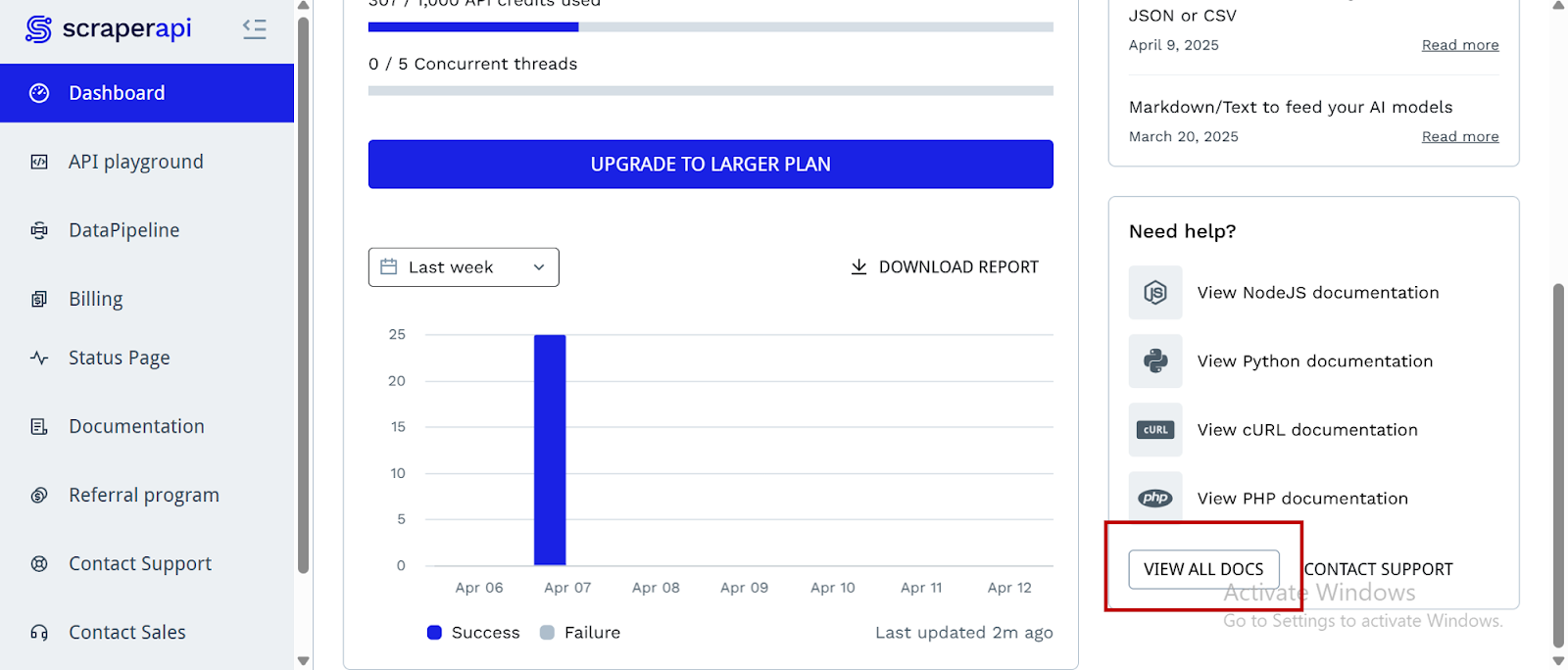 Zeigen Sie alle DOCS -Schaltflächen an, um Ressourcen im Scraperapi -Dashboard zu finden