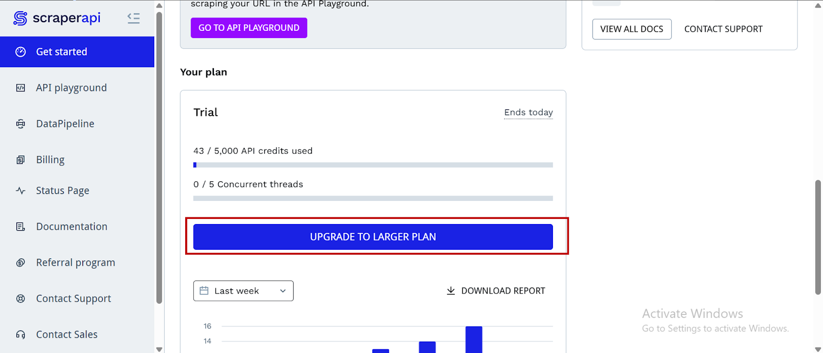 Upgrade auf eine größere Pläne -Taste im Scraperapi Dashboard