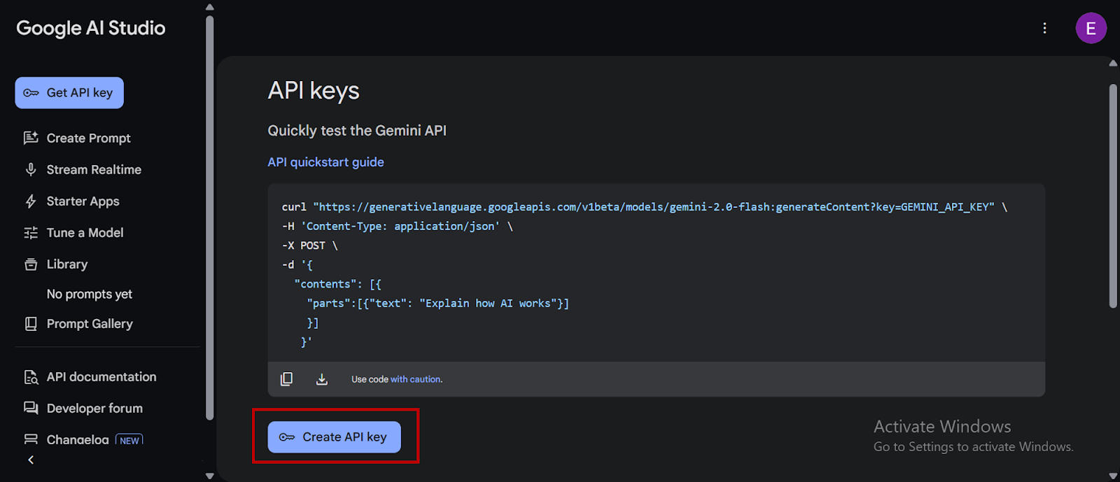 Erstellen Sie einen API -Schlüssel in Google AI Studio