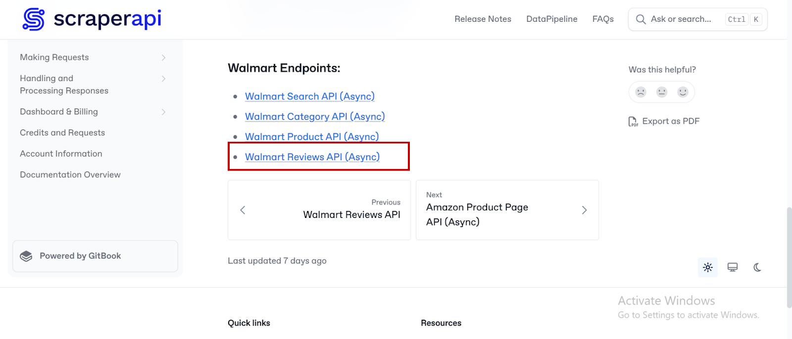 Scraperapi -Ressource: Walmart Reviews API (Async)